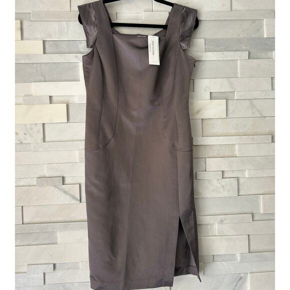 SILK CULTURE Real Silk Satin Stitched Deep Gray Sheath Midi Dress Wedding sz M - Picture 1 of 7